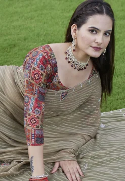 Woven Georgette Jacquard Scalloped Saree in Fawn
