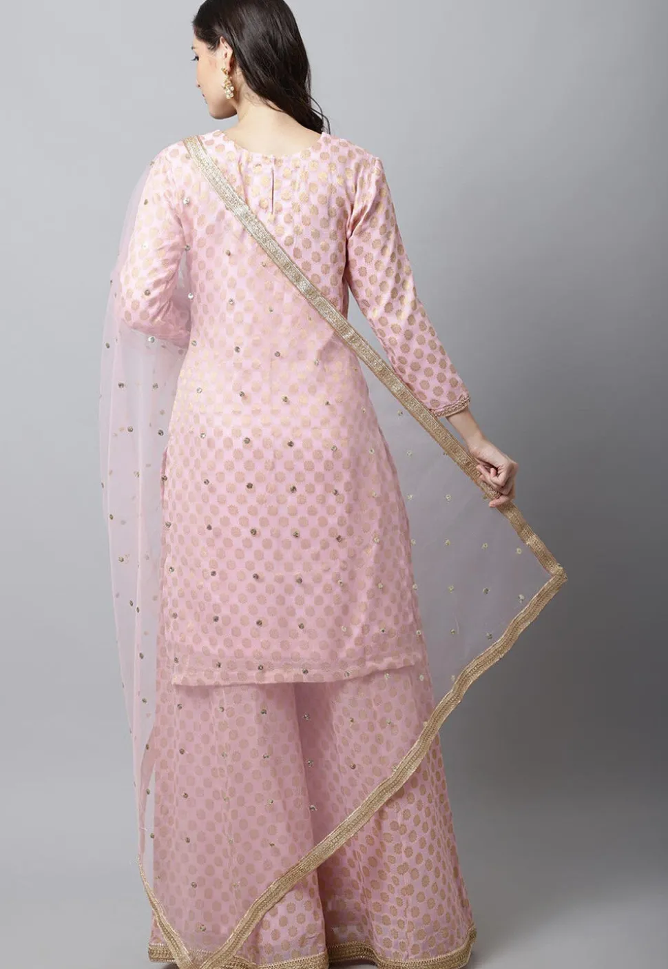 Woven Georgette Jacquard Pakistani Suit in Light Pink