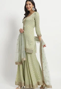Woven Georgette Jacquard Pakistani Suit in Light Green