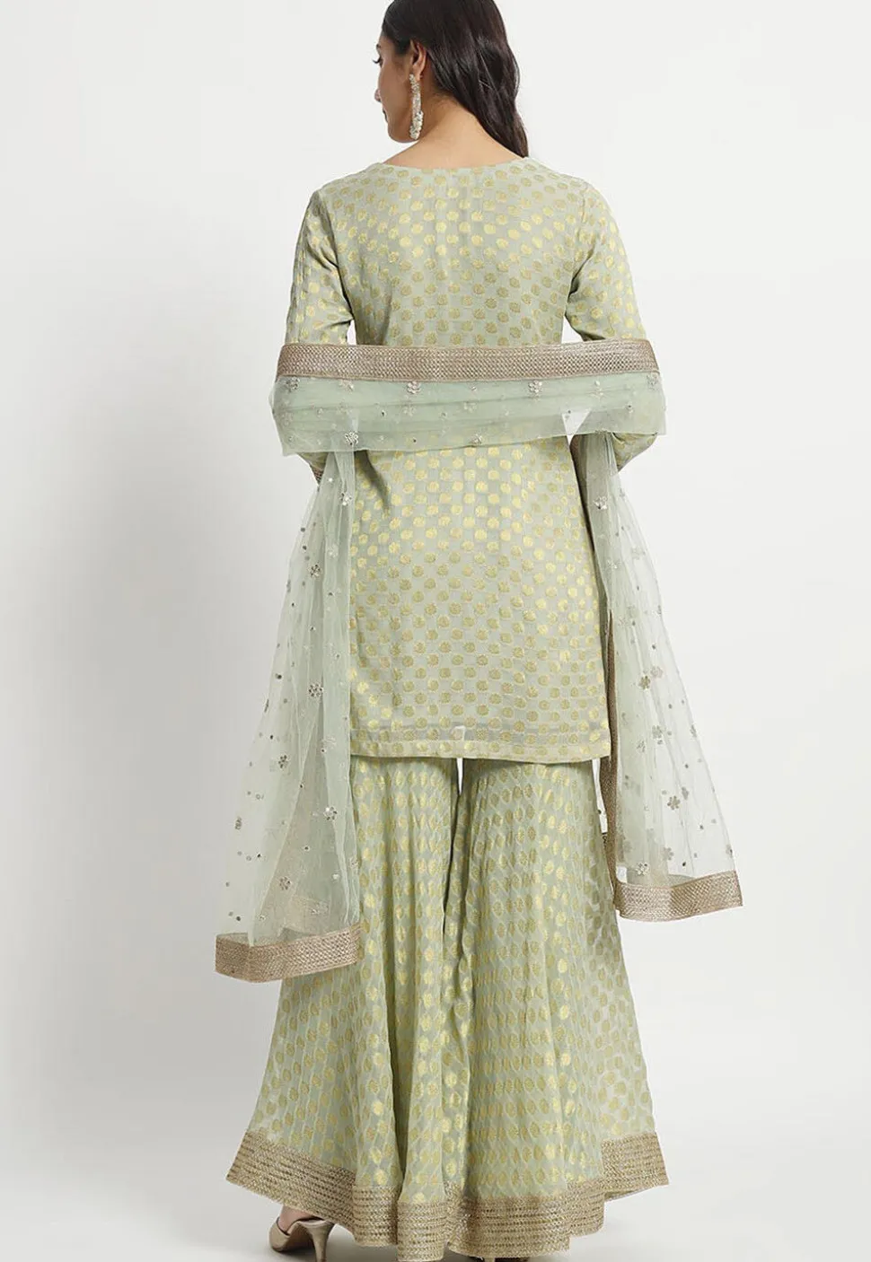 Woven Georgette Jacquard Pakistani Suit in Light Green