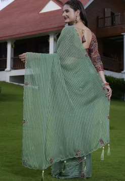Woven Georgette Jacquard Scalloped Saree in Dusty Green