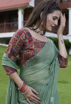 Woven Georgette Jacquard Scalloped Saree in Dusty Green
