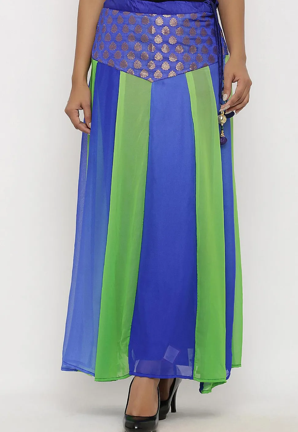 Woven Georgette Panelled Skirt in Blue and Green