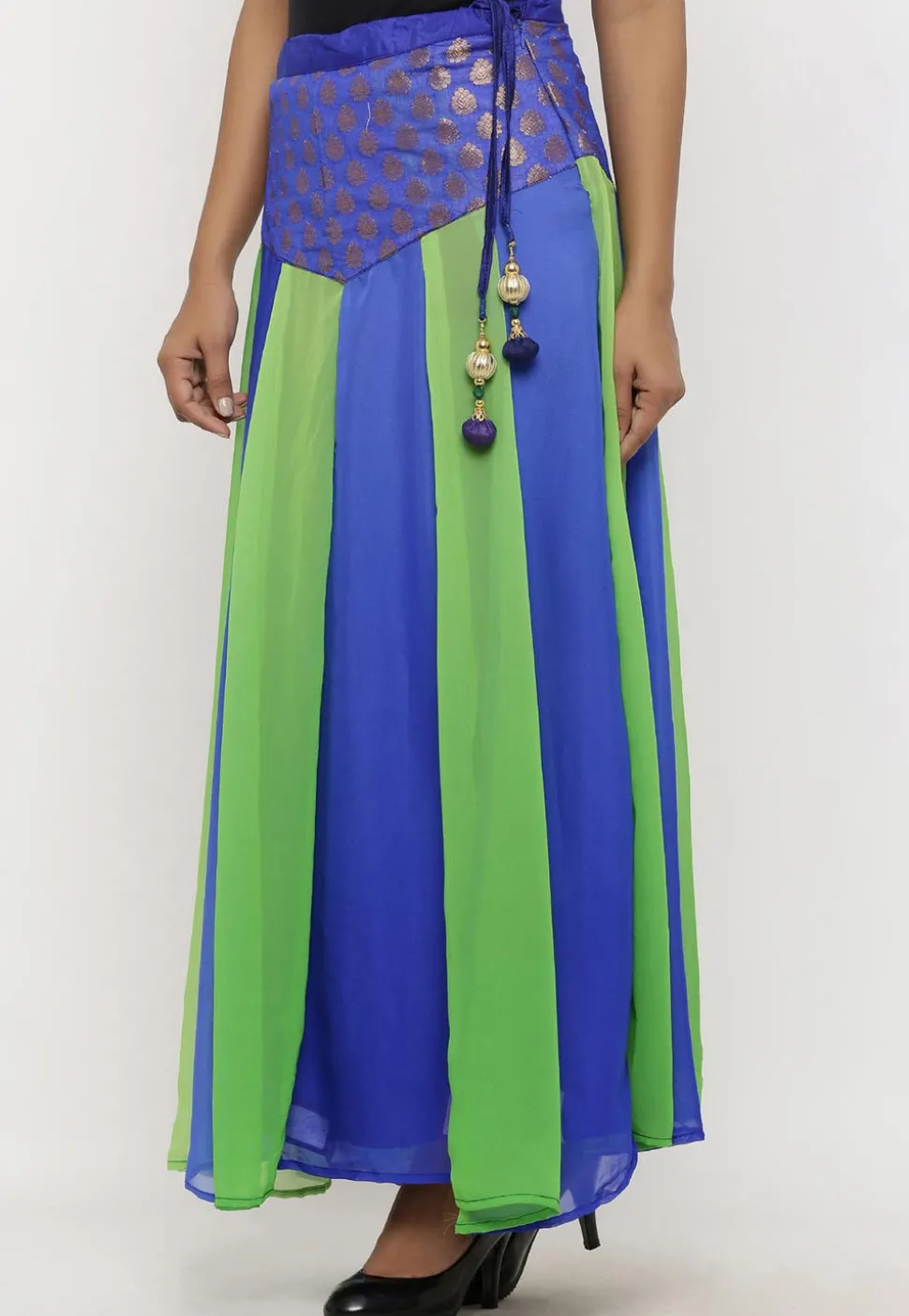Woven Georgette Panelled Skirt in Blue and Green