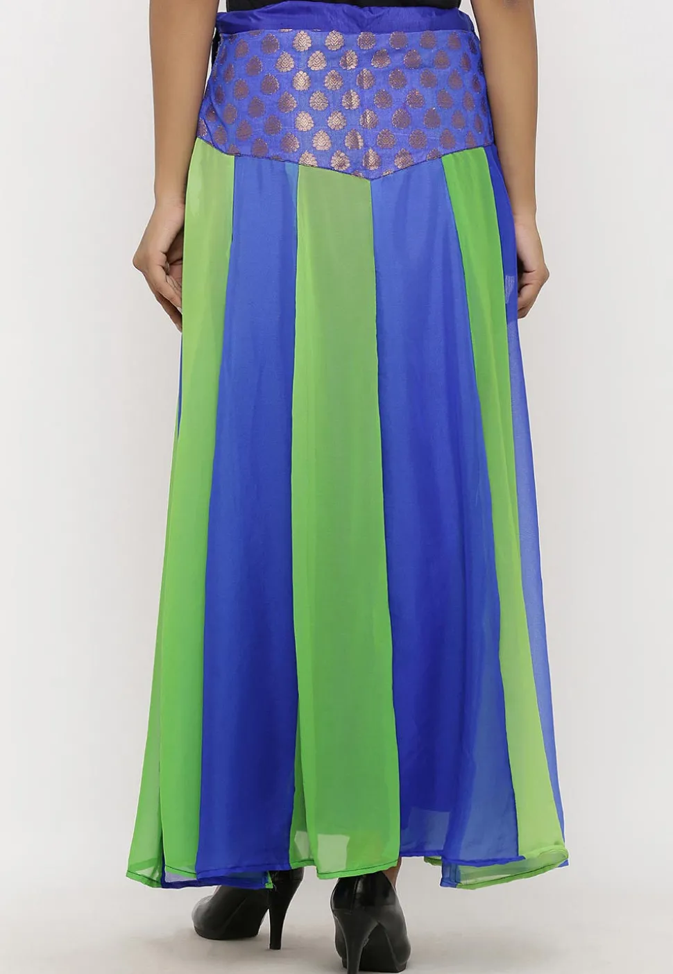 Woven Georgette Panelled Skirt in Blue and Green