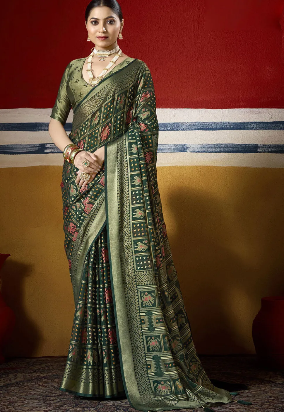 Woven Georgette Saree in Dark Olive Green