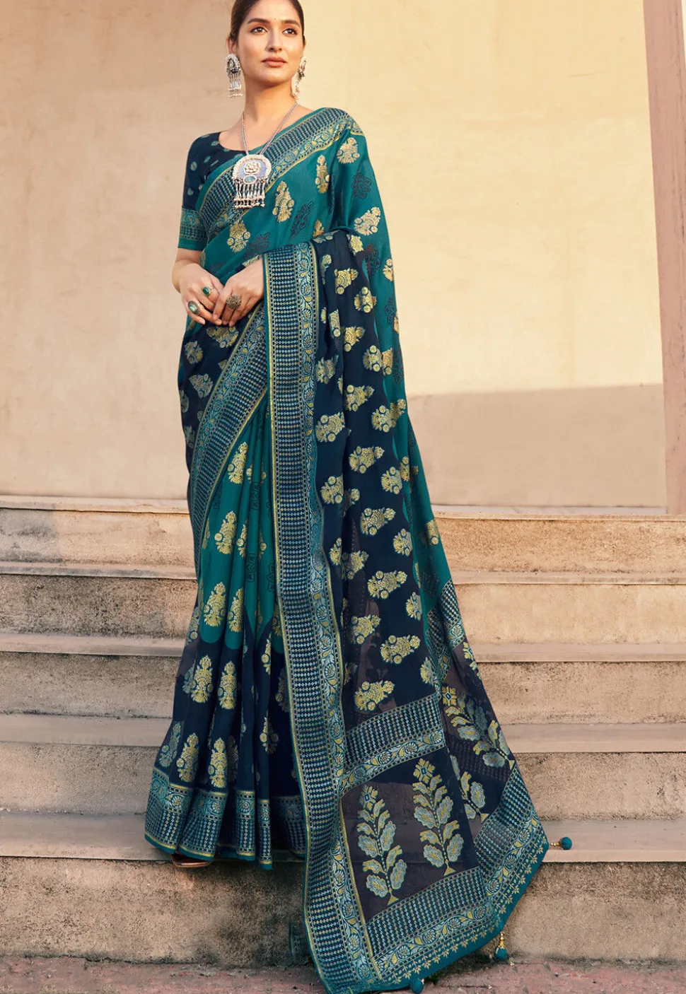 Woven Georgette Saree in Teal Blue and Navy Blue