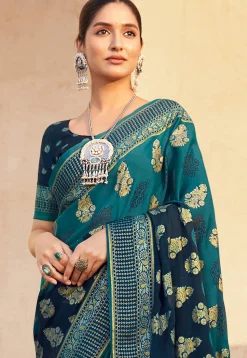 Woven Georgette Saree in Teal Blue and Navy Blue