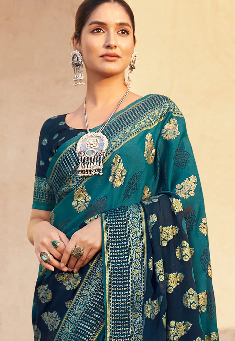 Woven Georgette Saree in Teal Blue and Navy Blue