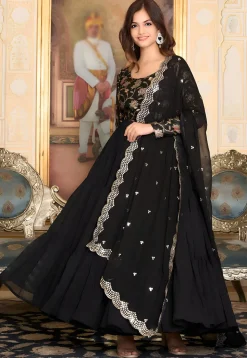 Woven Georgette Tiered Abaya Style Suit in Black