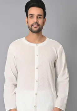 Woven Jacquard Cotton Front Open Kurta Set in in White
