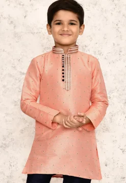 Woven Jute Silk Jacquard Kurta in Peach