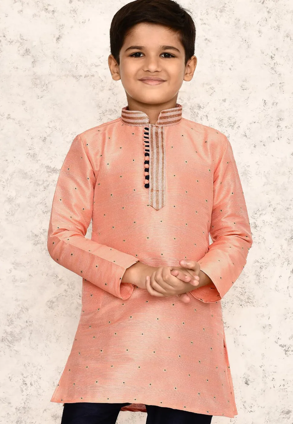 Woven Jute Silk Jacquard Kurta in Peach