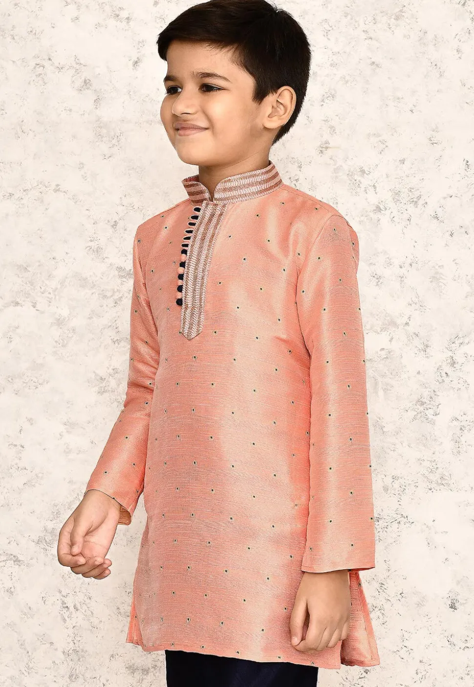 Woven Jute Silk Jacquard Kurta in Peach