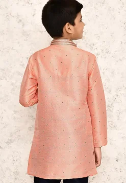 Woven Jute Silk Jacquard Kurta in Peach