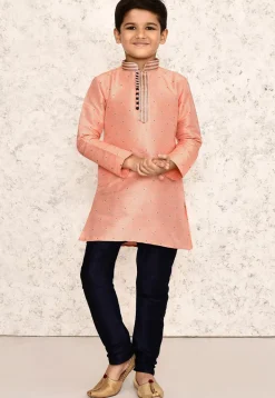 Woven Jute Silk Jacquard Kurta in Peach