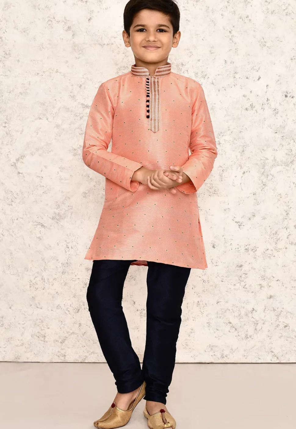 Woven Jute Silk Jacquard Kurta in Peach