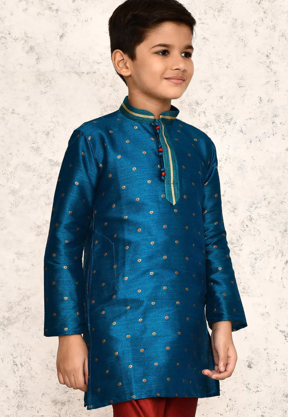 Woven Jute Silk Jacquard Kurta in Teal Blue