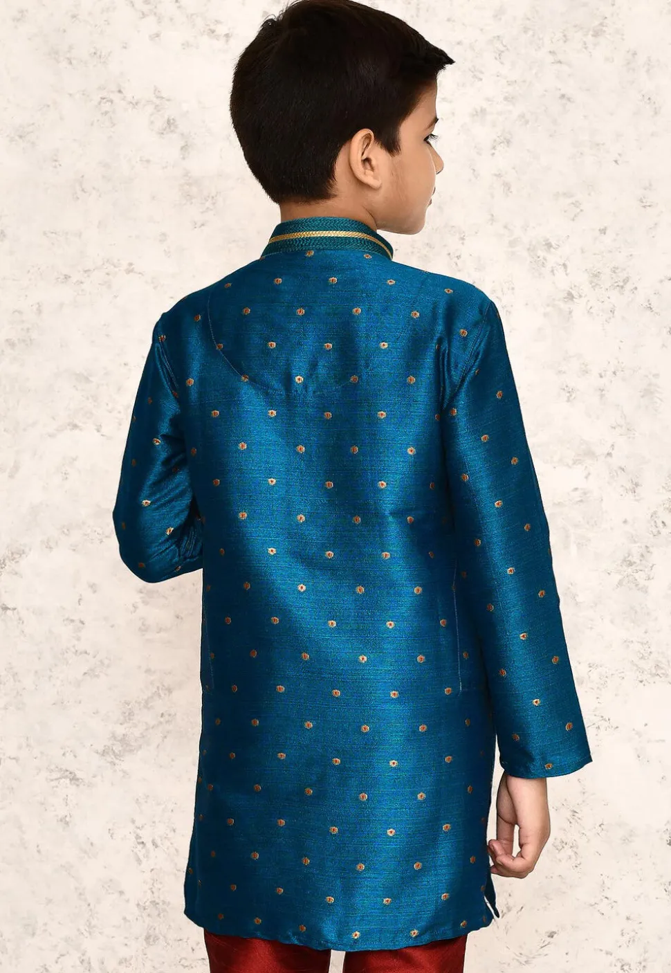 Woven Jute Silk Jacquard Kurta in Teal Blue