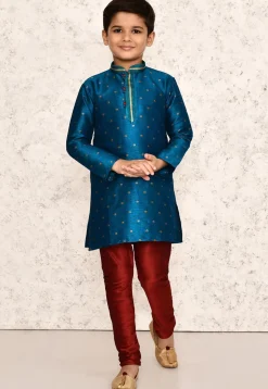 Woven Jute Silk Jacquard Kurta in Teal Blue