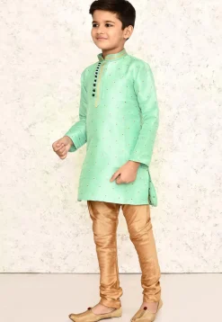 Woven Jute Silk Jacquard Kurta Set in Sea Green