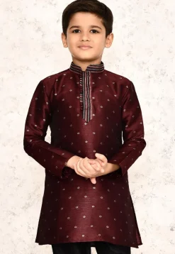 Woven Jute Silk Jacquard Kurta in Maroon