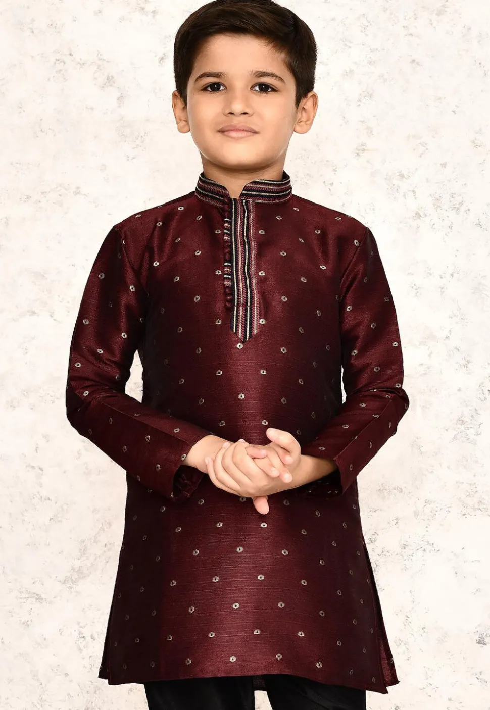Woven Jute Silk Jacquard Kurta in Maroon