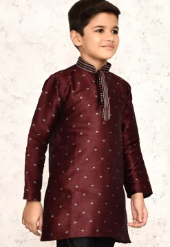 Woven Jute Silk Jacquard Kurta in Maroon