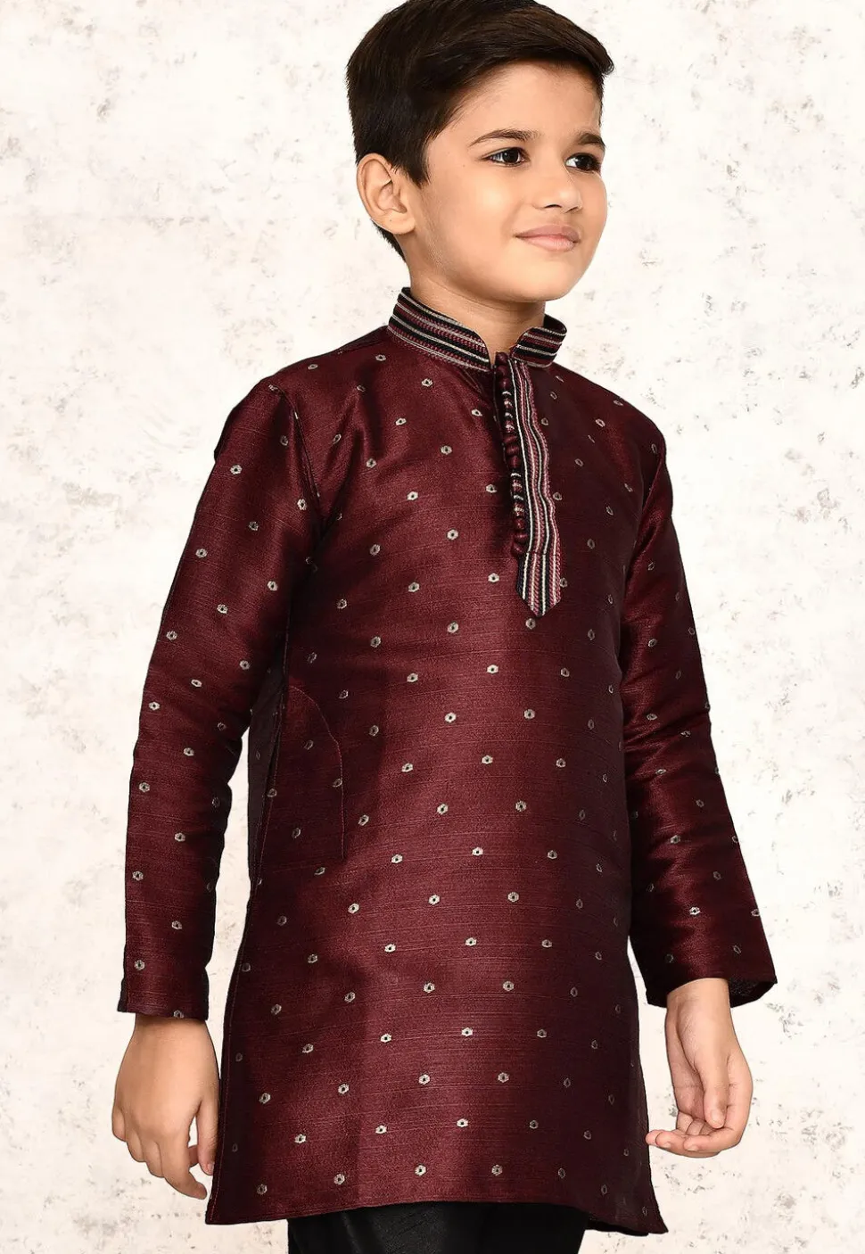 Woven Jute Silk Jacquard Kurta in Maroon