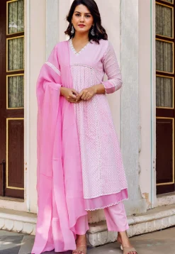 Woven Kota Doria Jacquard A Line Suit in Pink