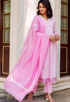 Woven Kota Doria Jacquard A Line Suit in Pink