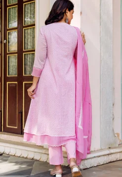 Woven Kota Doria Jacquard A Line Suit in Pink