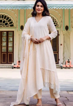 Woven Kota Doria Jacquard A Line Suit in Light Beige