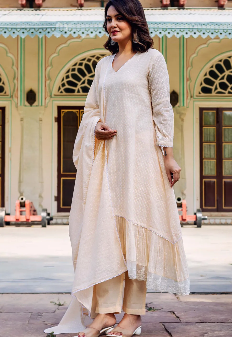 Woven Kota Doria Jacquard A Line Suit in Light Beige