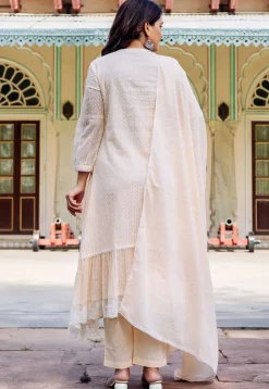 Woven Kota Doria Jacquard A Line Suit in Light Beige