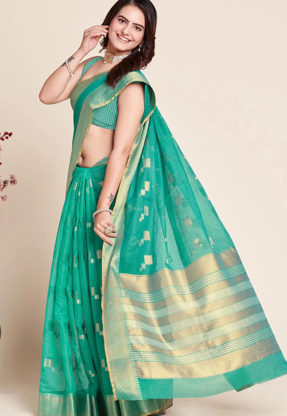 Woven Kota Doria Saree in Teal Green