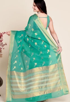 Woven Kota Doria Saree in Teal Green