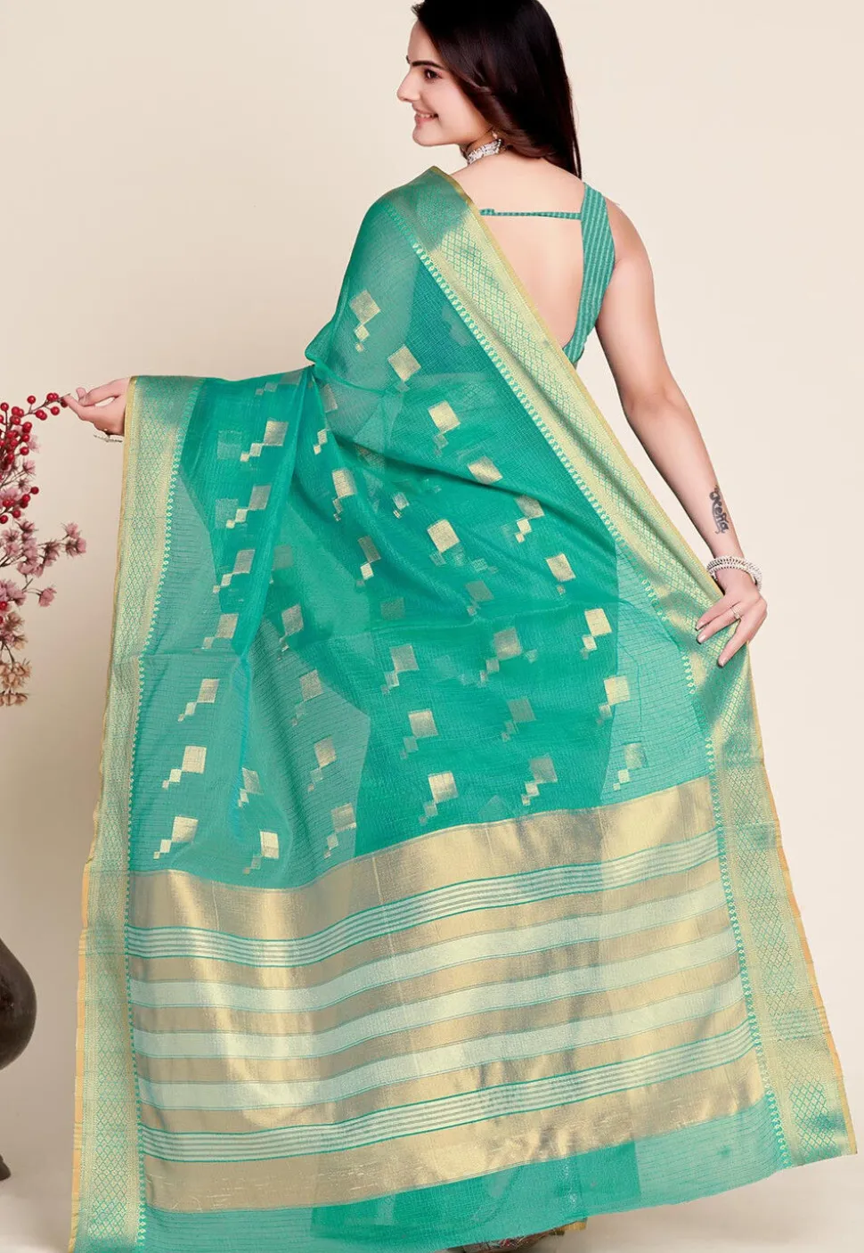 Woven Kota Doria Saree in Teal Green