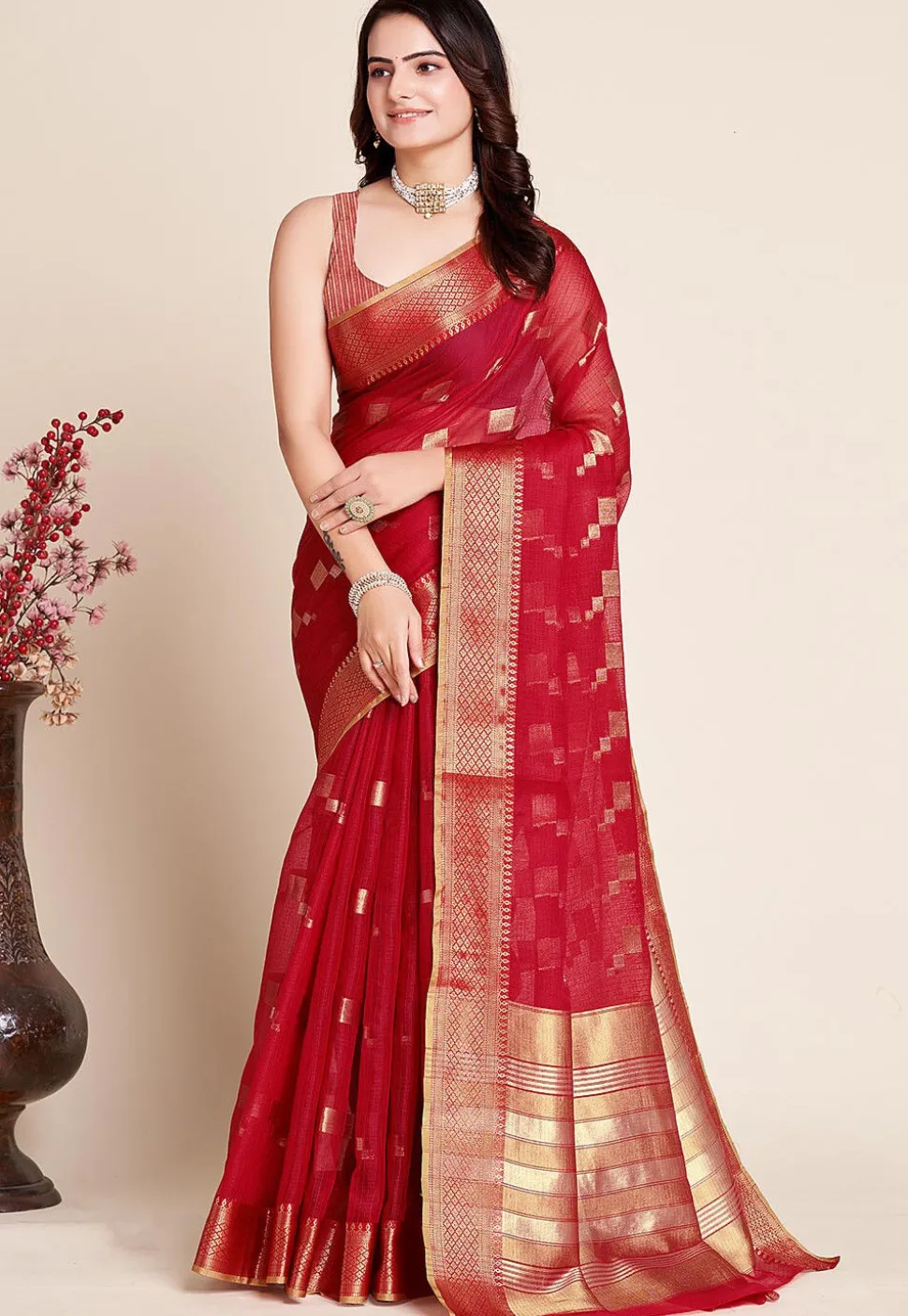 Woven Kota Doria Saree in Red