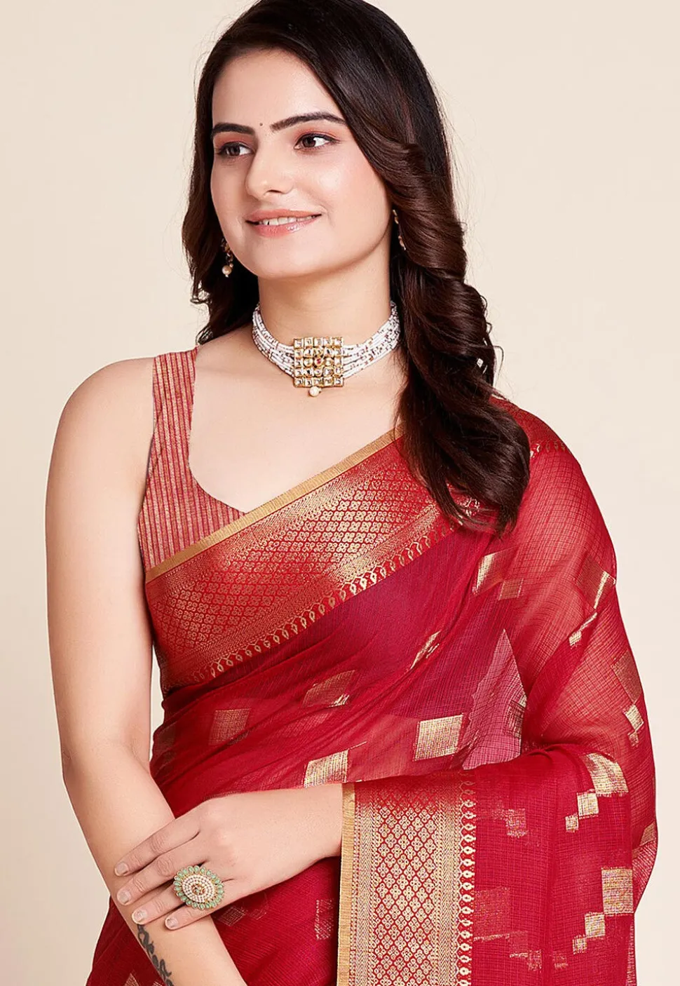Woven Kota Doria Saree in Red