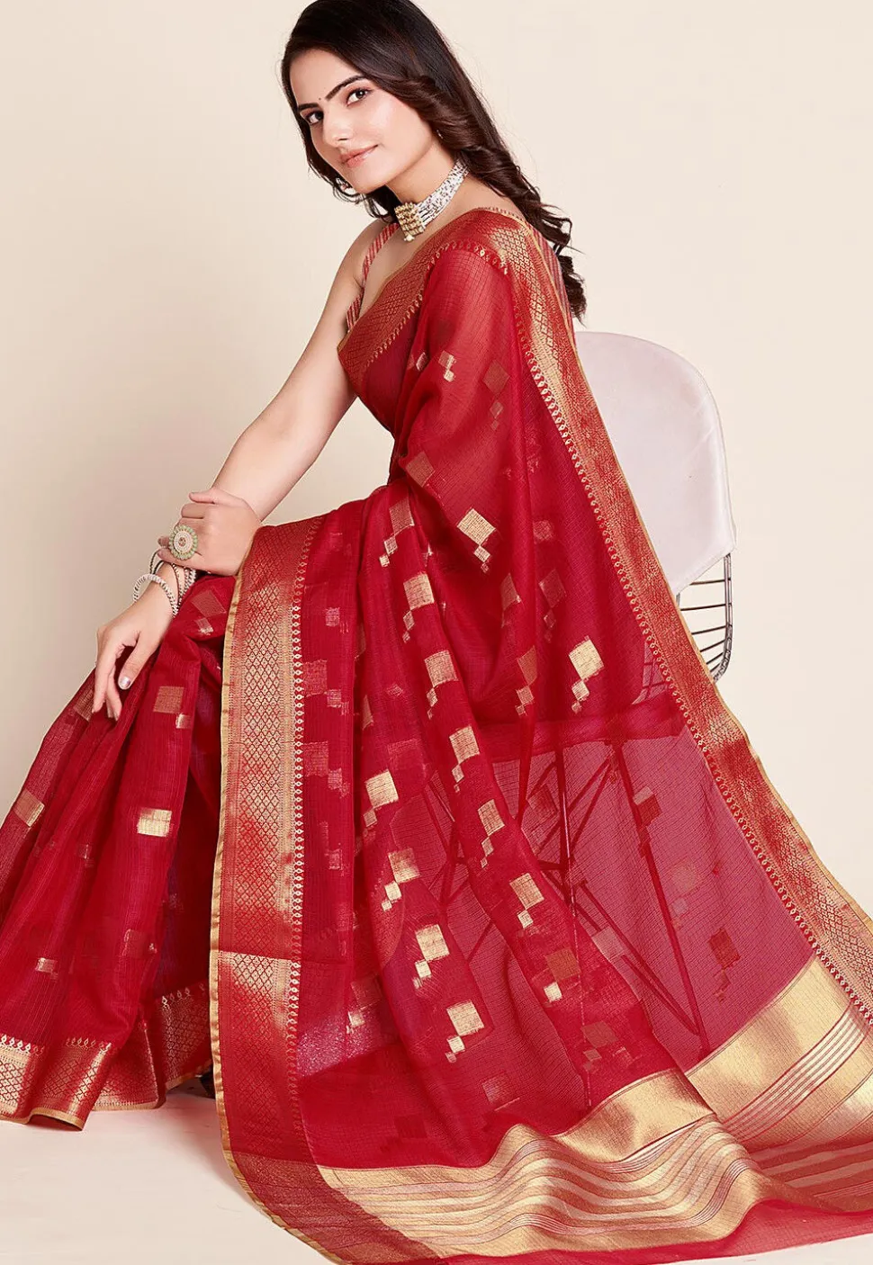 Woven Kota Doria Saree in Red