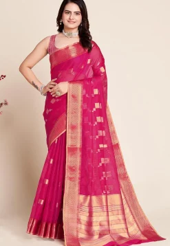 Woven Kota Doria Saree in Fuchsia