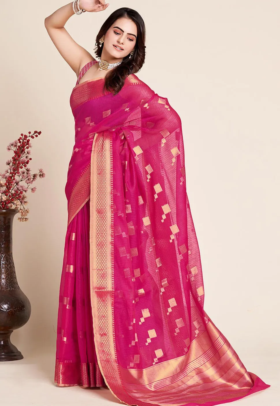 Woven Kota Doria Saree in Fuchsia