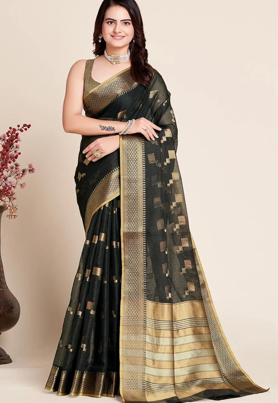 Woven Kota Doria Saree in Black