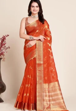 Woven Kota Doria Saree in Orange