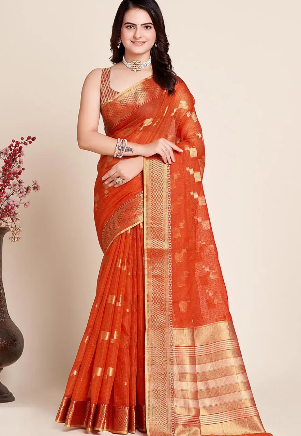 Woven Kota Doria Saree in Orange
