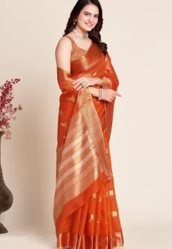 Woven Kota Doria Saree in Orange