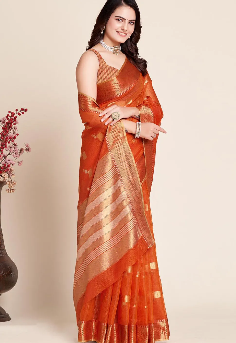 Woven Kota Doria Saree in Orange