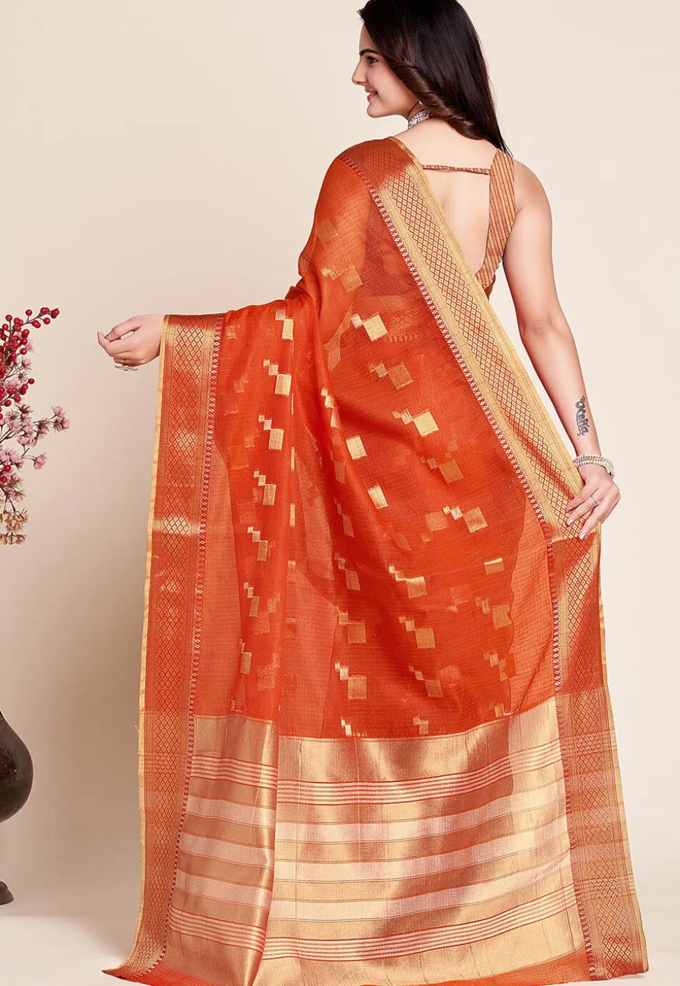 Woven Kota Doria Saree in Orange