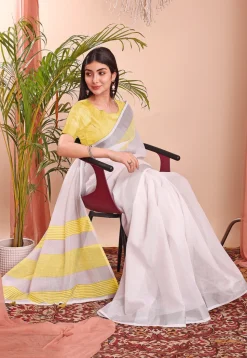 Woven Linen Cotton Saree in Off White